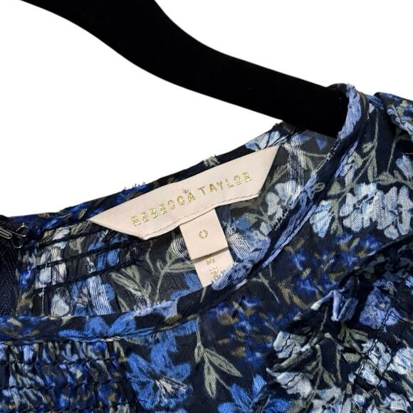 Rebecca Taylor Blue Black Floral Ruffle Silk Ava Mini Dress Size 0 - Picture 3 of 6